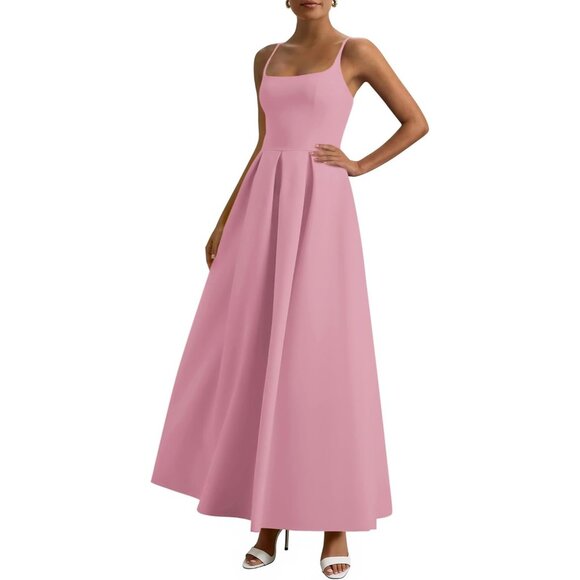 Women Pink Elegant Ruffle A Line Long Summer Wedding Guest Maxi Dress